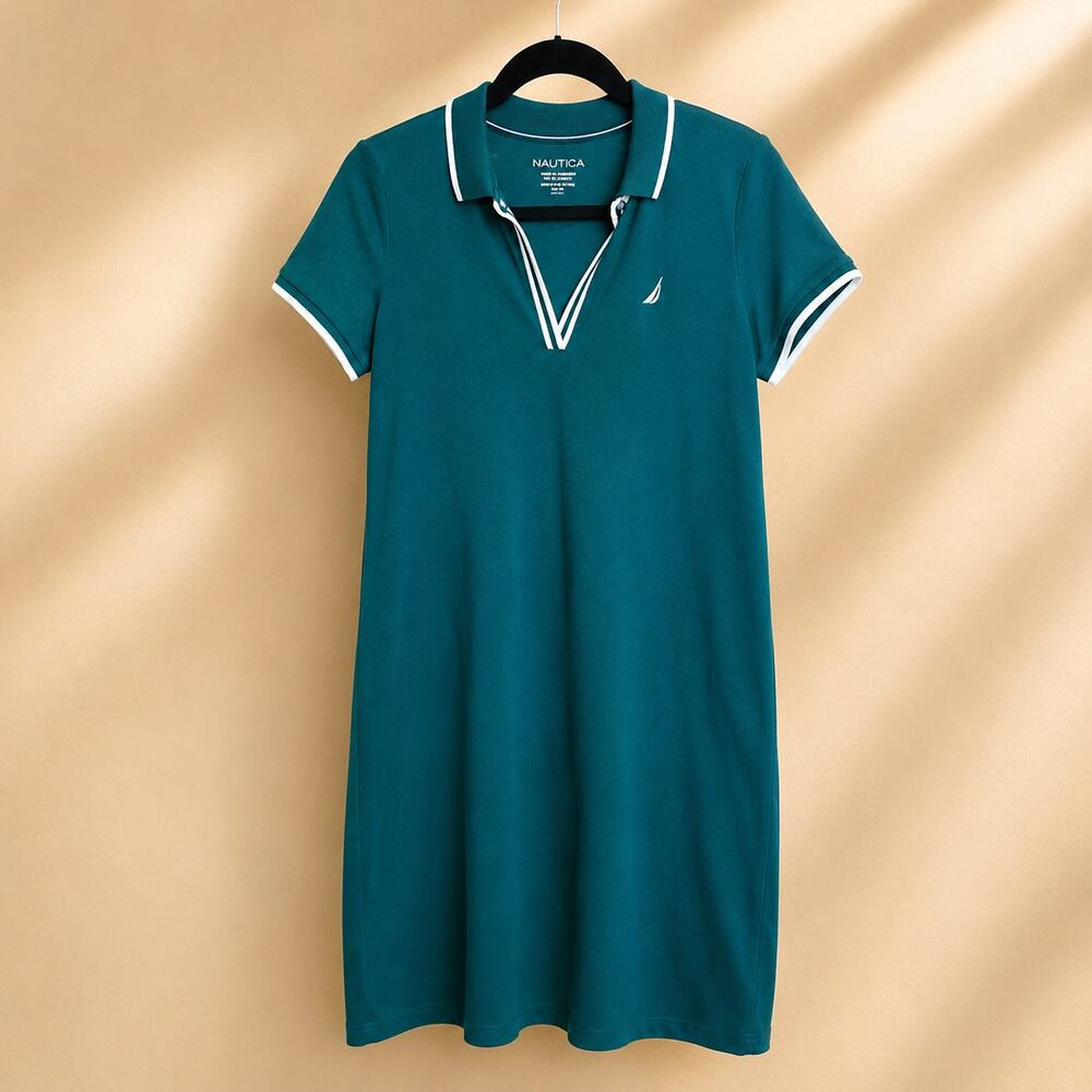 Nautica Women's Bayberry Green Polo Dress Size Small Preppy Split Neck Casual